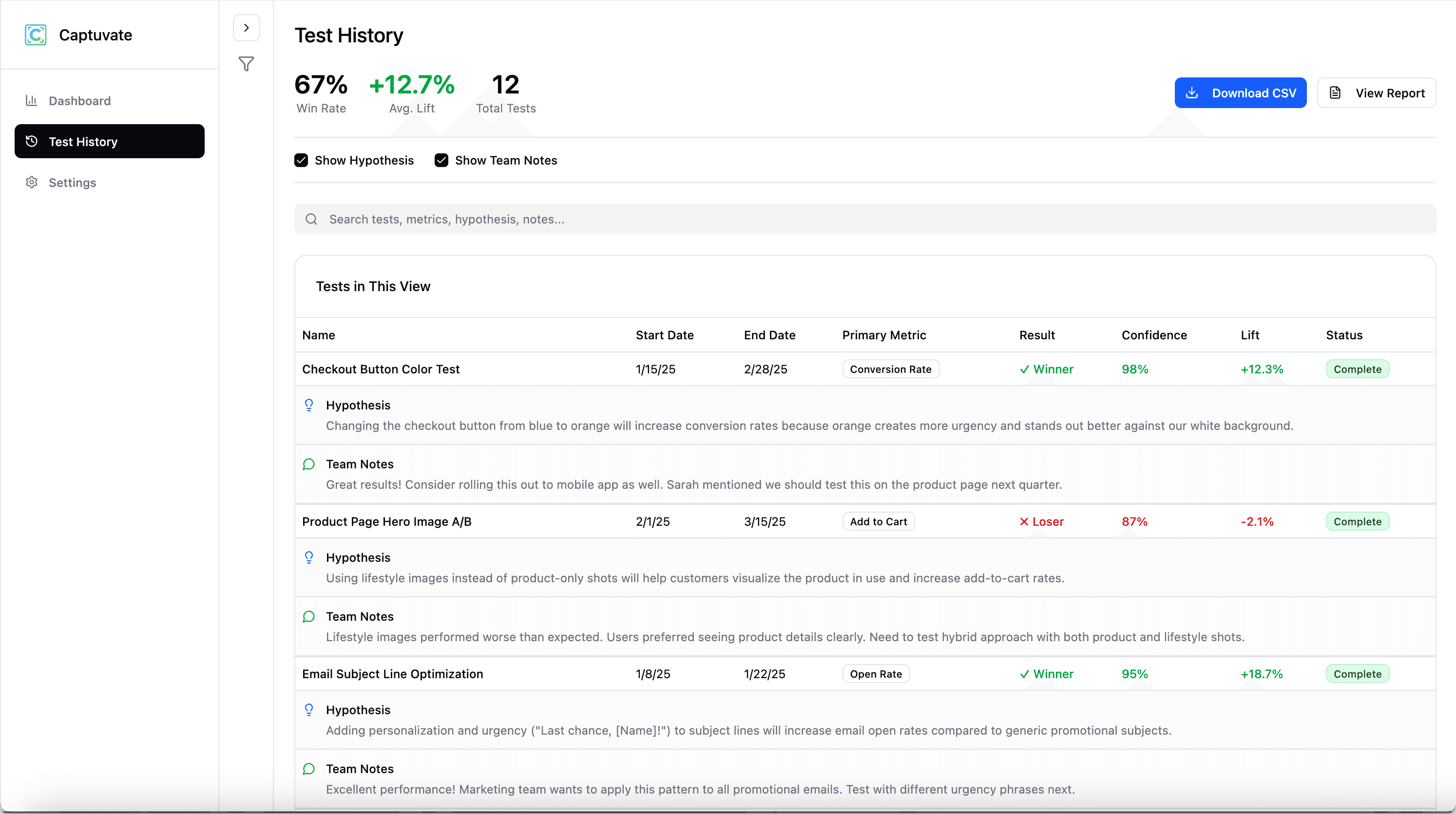 Captuvate test history interface showing completed tests with results and insights
