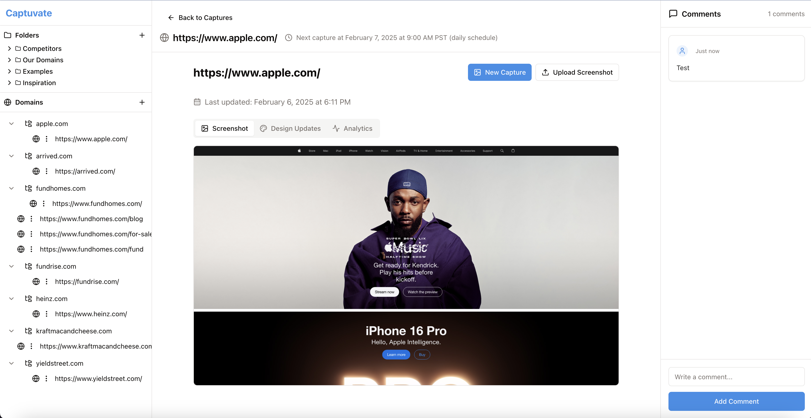 Captuvate design tracking interface showing website documentation