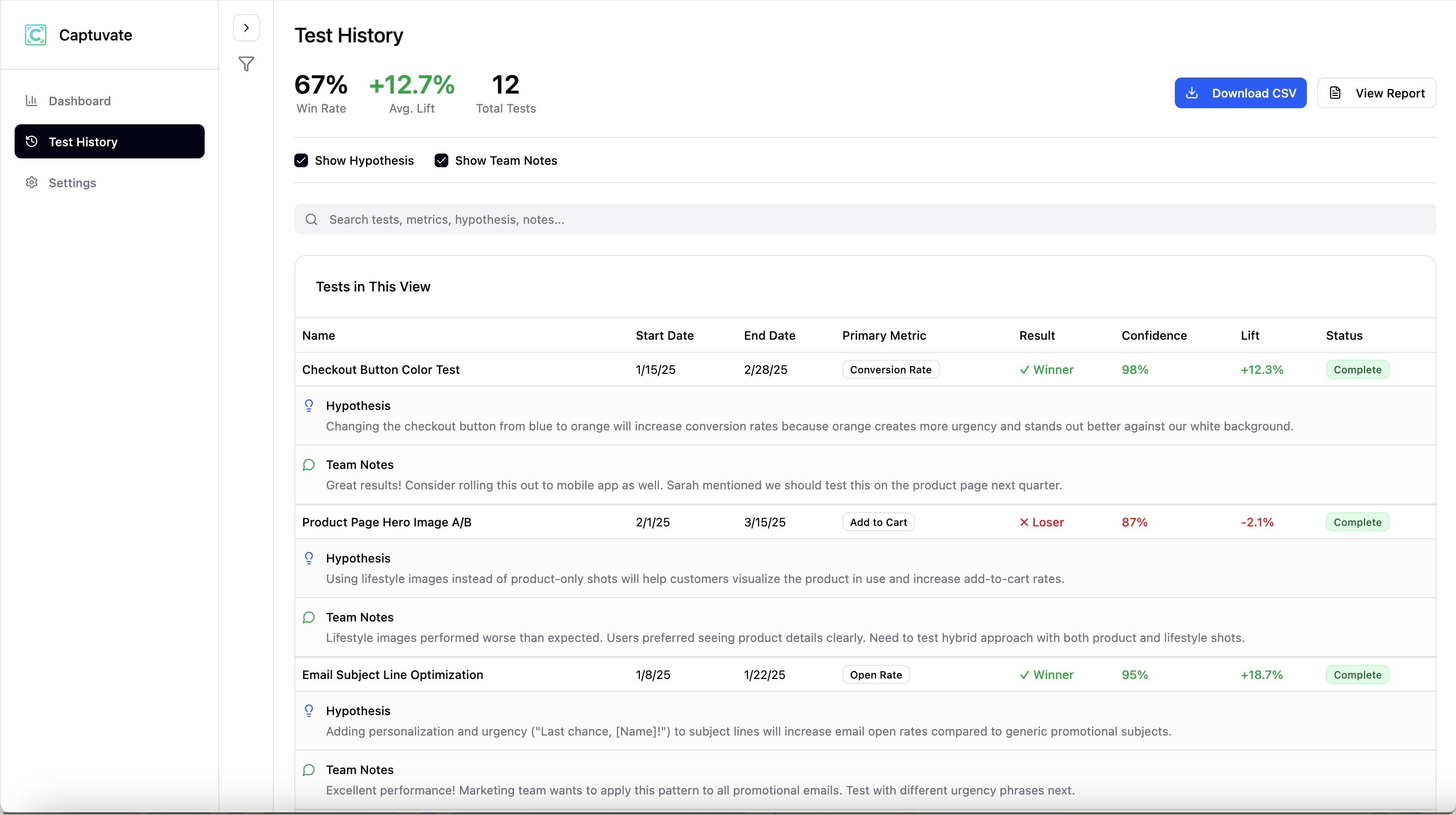 Captuvate test history showing automated documentation